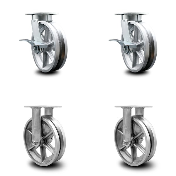 8 Inch Kingpinless V Groove Semi Steel Wheel Caster Brakes 2 Rigid SCC, 2PK
